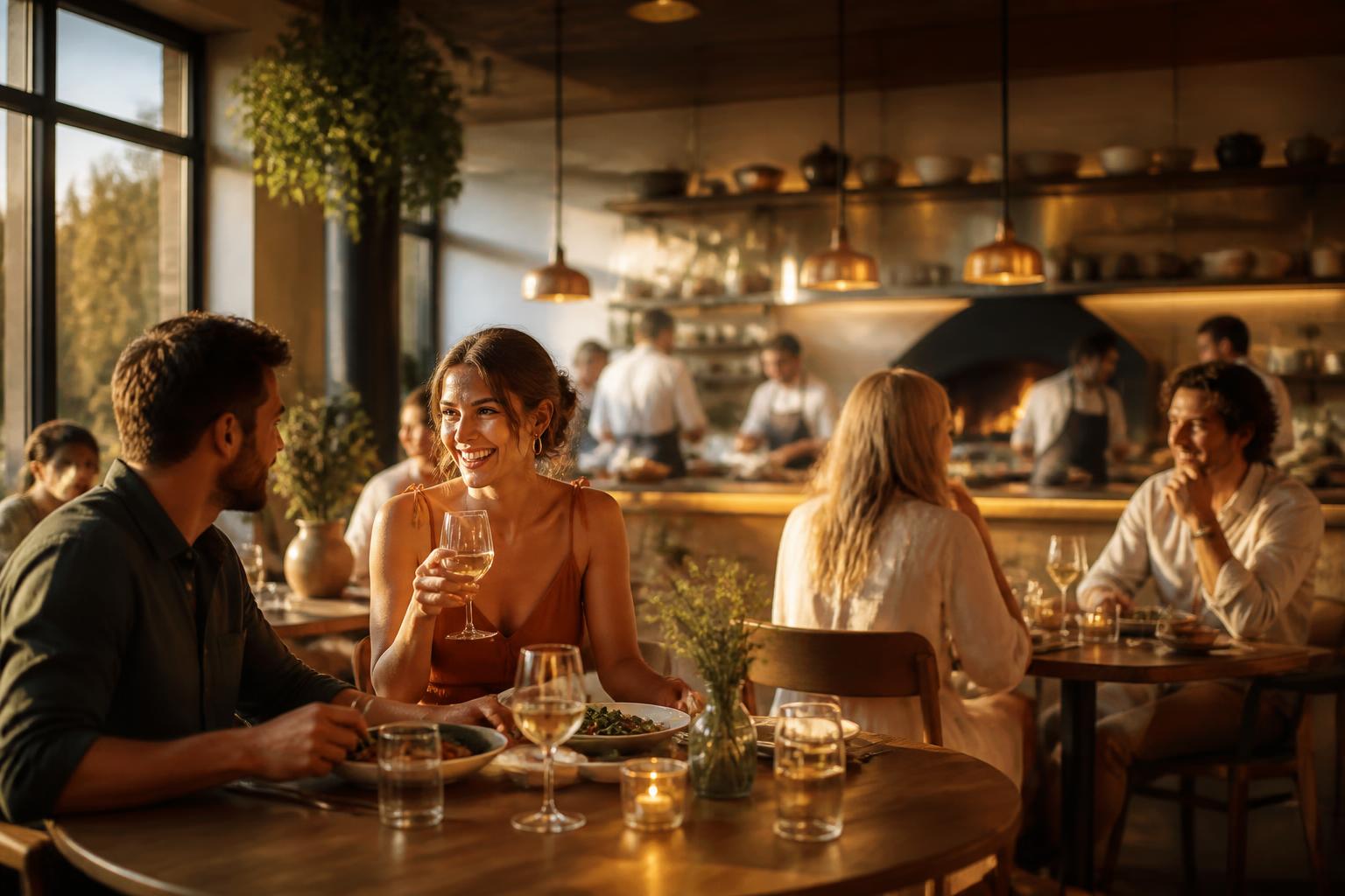 Warm restaurant interior with diners and open kitchen